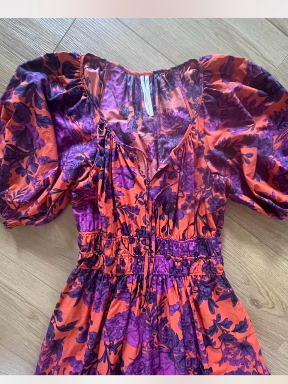 Anthropologie Maeve Floral Puff Sleeve Midi Dress Orange Purple Size Small - Picture 5 of 8